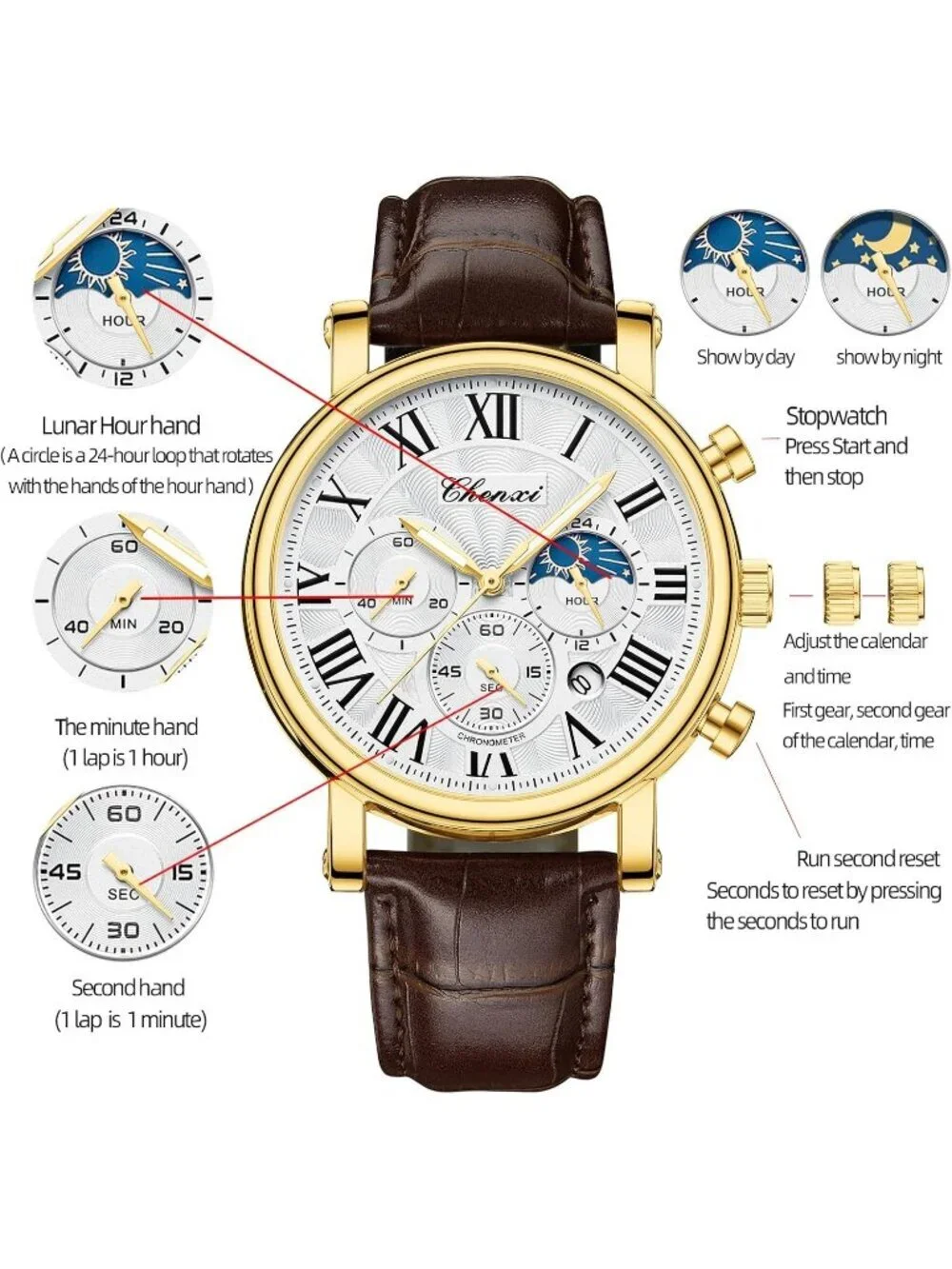 Men White Brown Leather Multifunctional Military Sports Analog Chronograph Watch